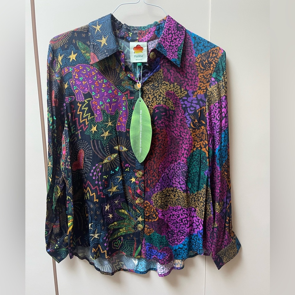 FARM Rio Multicolor Printed Button-Up Blouse — Black, Purple, Blue, Green, Gold